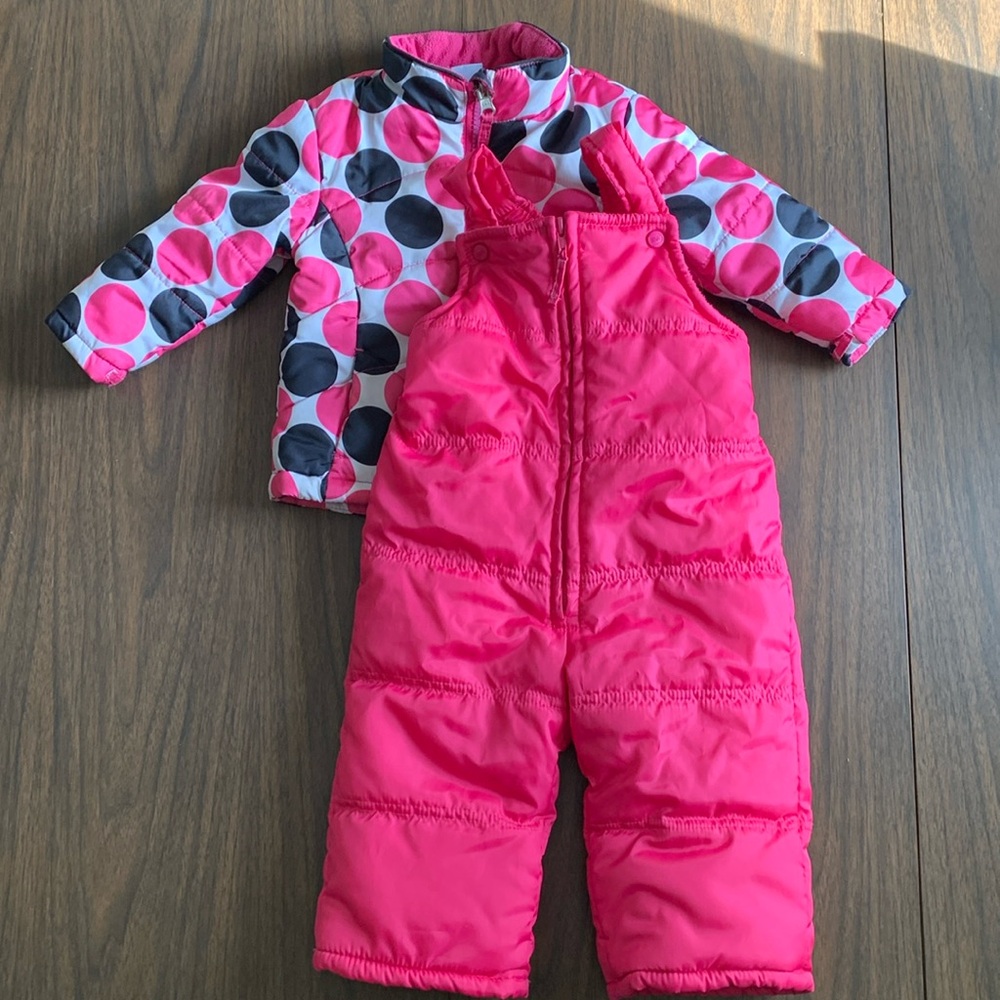 Kids snowsuit, winter coat 18 mo & snow pants bibs 12-18 mo girls pink polka dot
